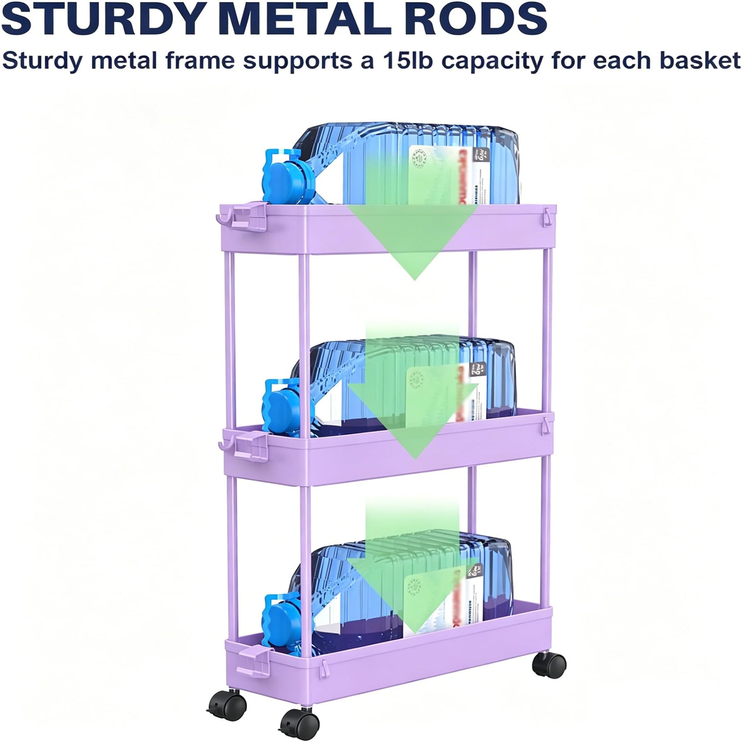 SPACELEAD Slim Storage Cart 3 Tier,Bathroom Organizer Rolling Utility,Mobile Shelving Unit Slide Out for Office, Kitchen, Laundry Room & Narrow Places,Purple