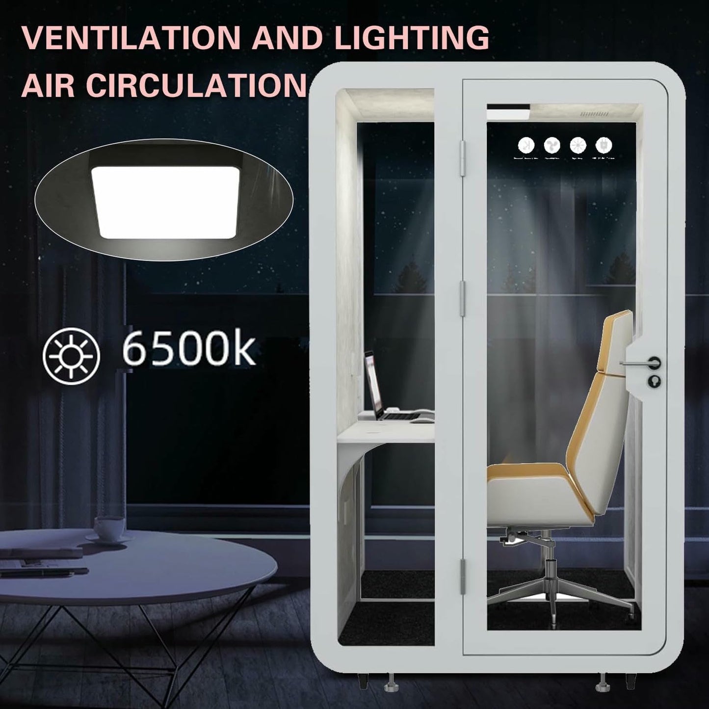 Office Sound Booth with LED Lighting and Desk, Portable Booth Modern Privacy Pod, Modular Privacy Separate Room for Meditation Study, Movable Room for Work
