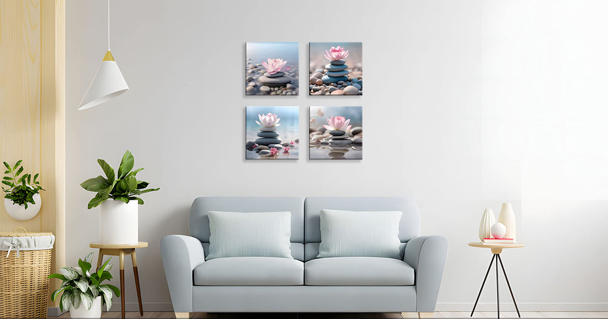 NAN Wind 4PCS Mordern Zen High-Definition Canvas Print Pink Lotus Stacked Zen Stones Spa Wall Art Easy-to-Hang Wall Art for Serene Home Deco Meditation Rooms Yoga Studios and Zen Enthusiasts