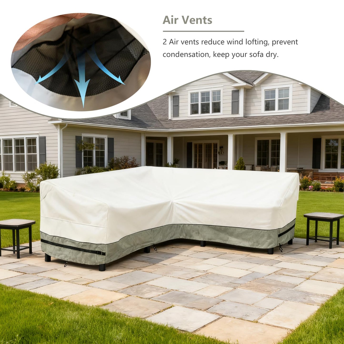 okcool Outdoor Sectional Cover,V Shaped Patio Furniture Covers for 5-Seater Outdoor Sectional Furniture Couch 85"(85''L) x 33.5''D x 31''H,White&Grayish Green