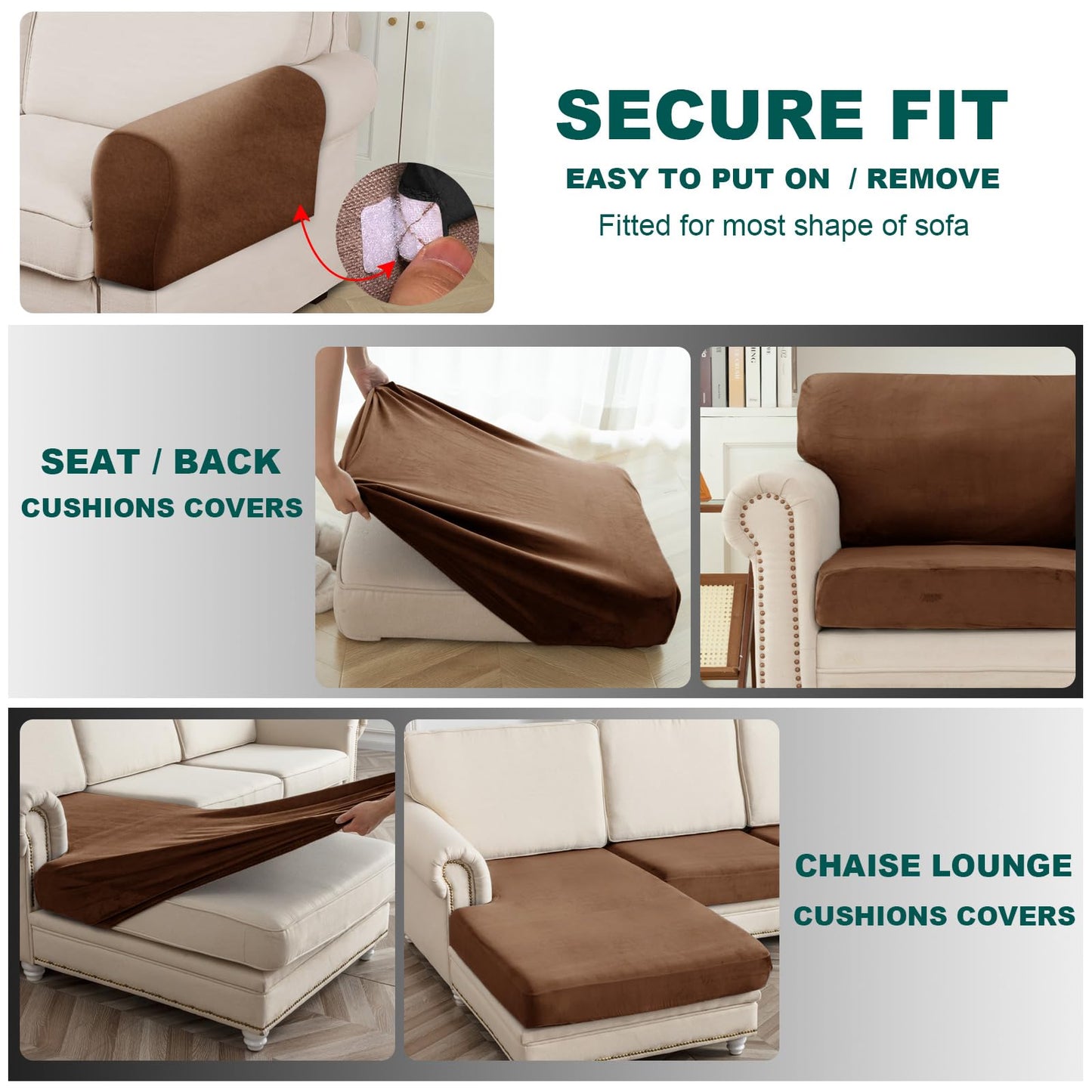 10 Pieces Sofa Cushion Covers for U-Shaped Modular Sectional Couch with 4 Seat+4 Back+2 Arms, Stretch Velvet Upholstered Covers for Sofa Bed with Deep Double Chaise (Bronze,Universal (10 Pieces))