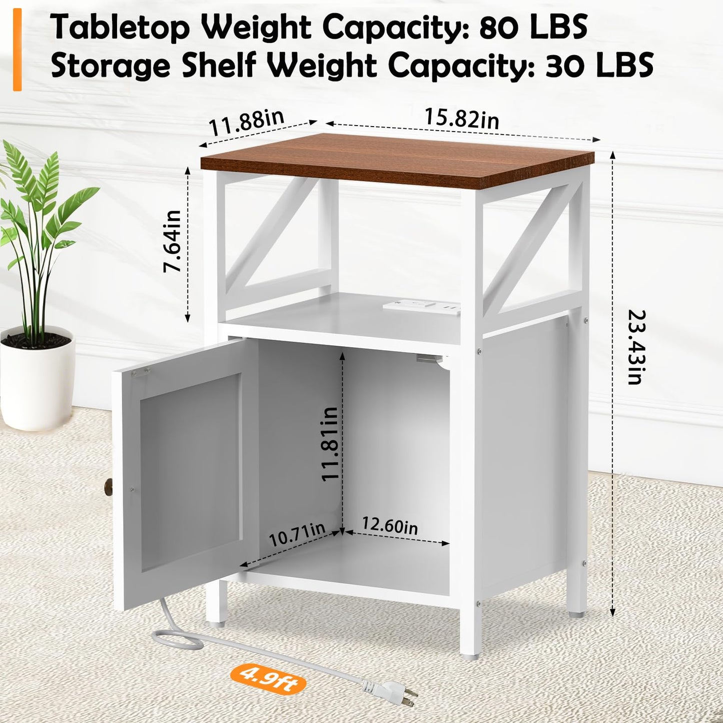 FUNHUKSON Farmhouse 3-Tier End Table with USB Charging Station White