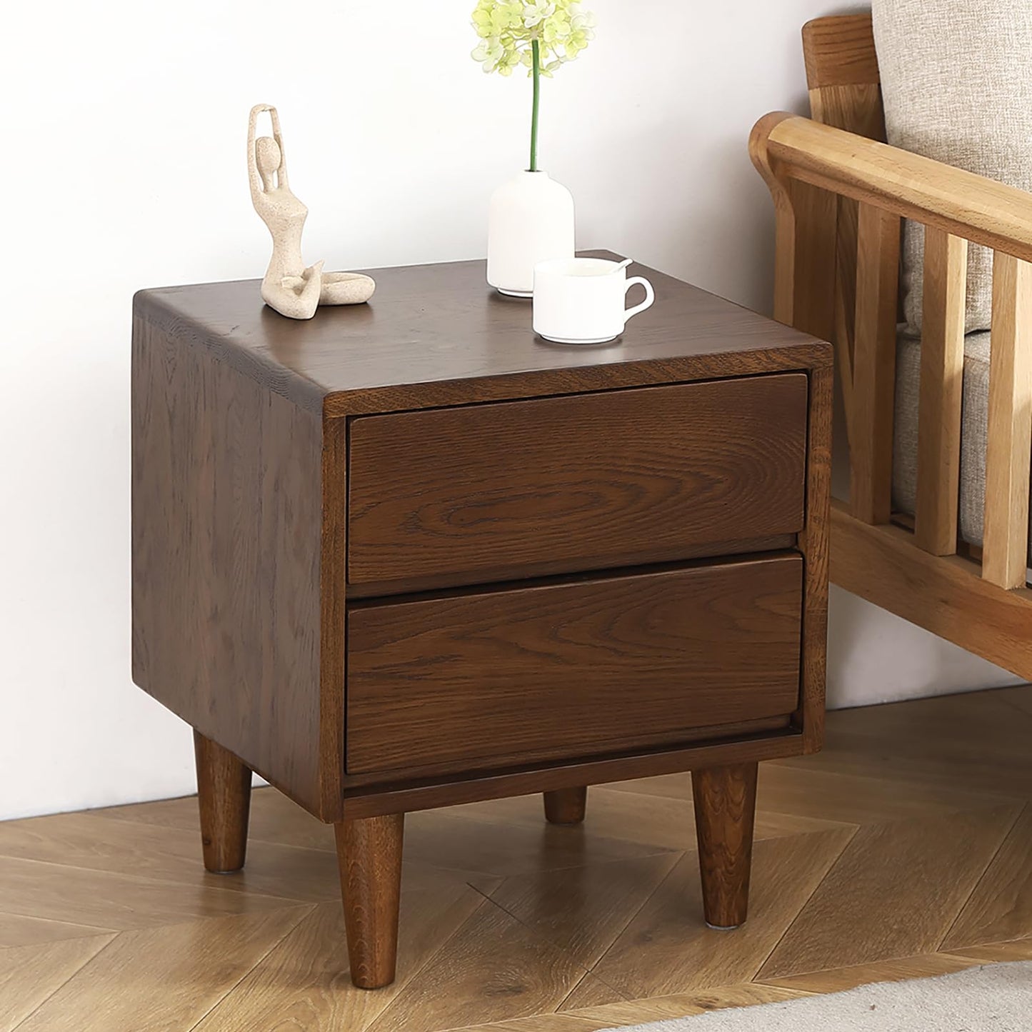 Solid Oak Wood Nightstand, Bedside Table with 2 Drawer, Mid-Century Luxury Night Stand, Modern Sofa Side End Table, Farmhouse Wooden Night Stand for Bedroom, Easy Assembly, Walnut Color