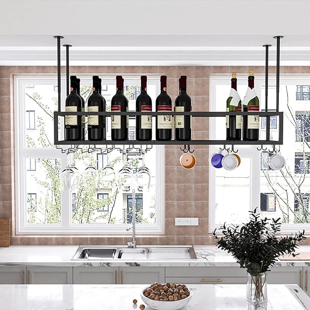 Adjustable Ceiling Wine Glass Rack - Wall-Mounted Iron Wine Bottle Holder 11.8-23.6 Inch Stylish Hanging Wine Shelves for Kitchen Bar Cafe (Size: 120cm)