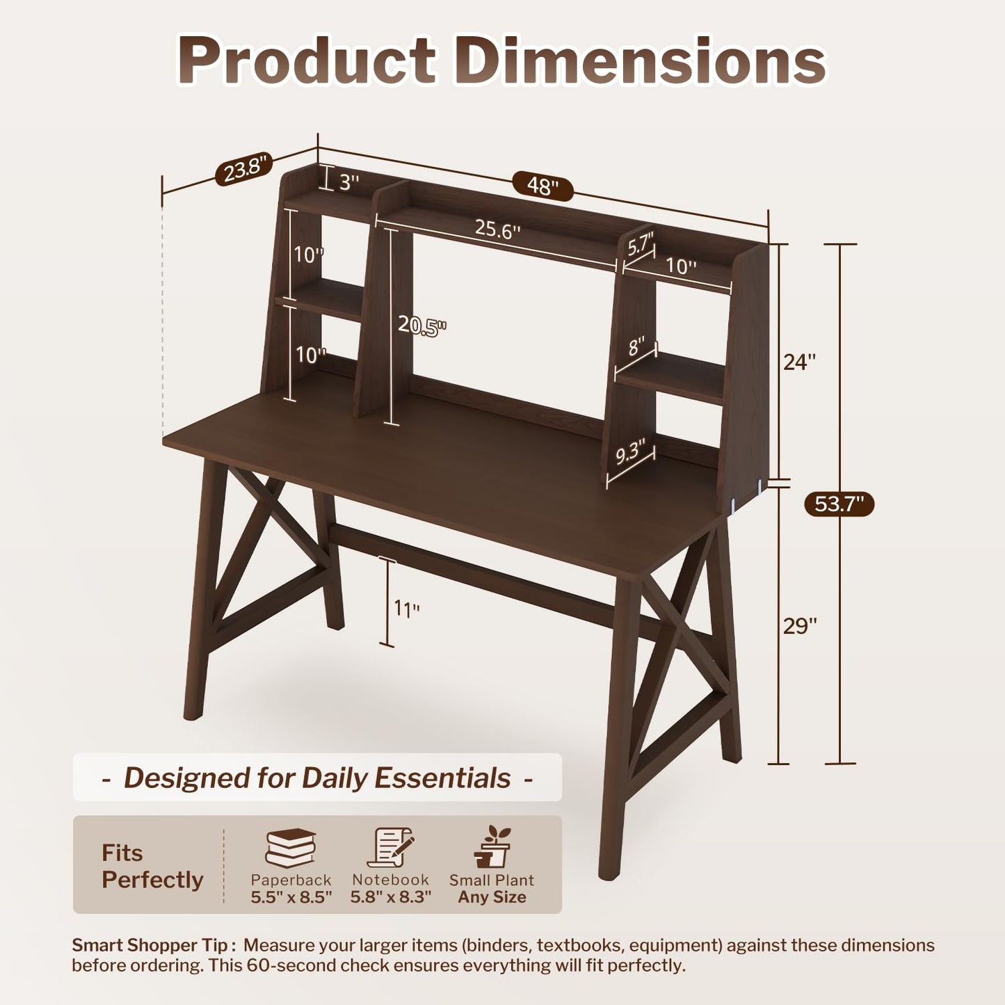 NELYE Solid Wood Desk with Bookshelf, Computer Writing Table for Monitor and Home Office, Modern Compact Workstation in Walnut, 48" W x 24" D
