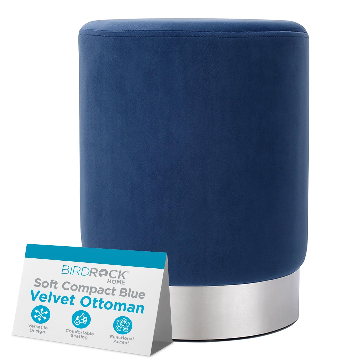 BIRDROCK HOME Round Ottoman Foot Stool – Modern Soft Padded Velvet Vanity Chair with Silver Metal Trim – Accent Chair or Foot Rest for Living Room, Bedroom, or Dressing Room (Blue)