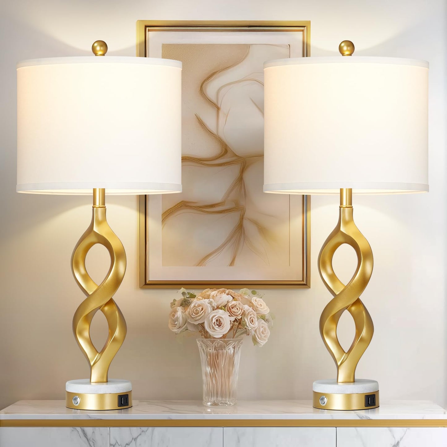 Cinyirong 30" White and Gold Table Lamps Set of 2 for Living Room, Modern Touch Control Bedside Lamps for Bedroom, 3-Way Dimmable Sculptural Resin Nightstand Lamps with USB A+C Ports and 2 LED Bulbs