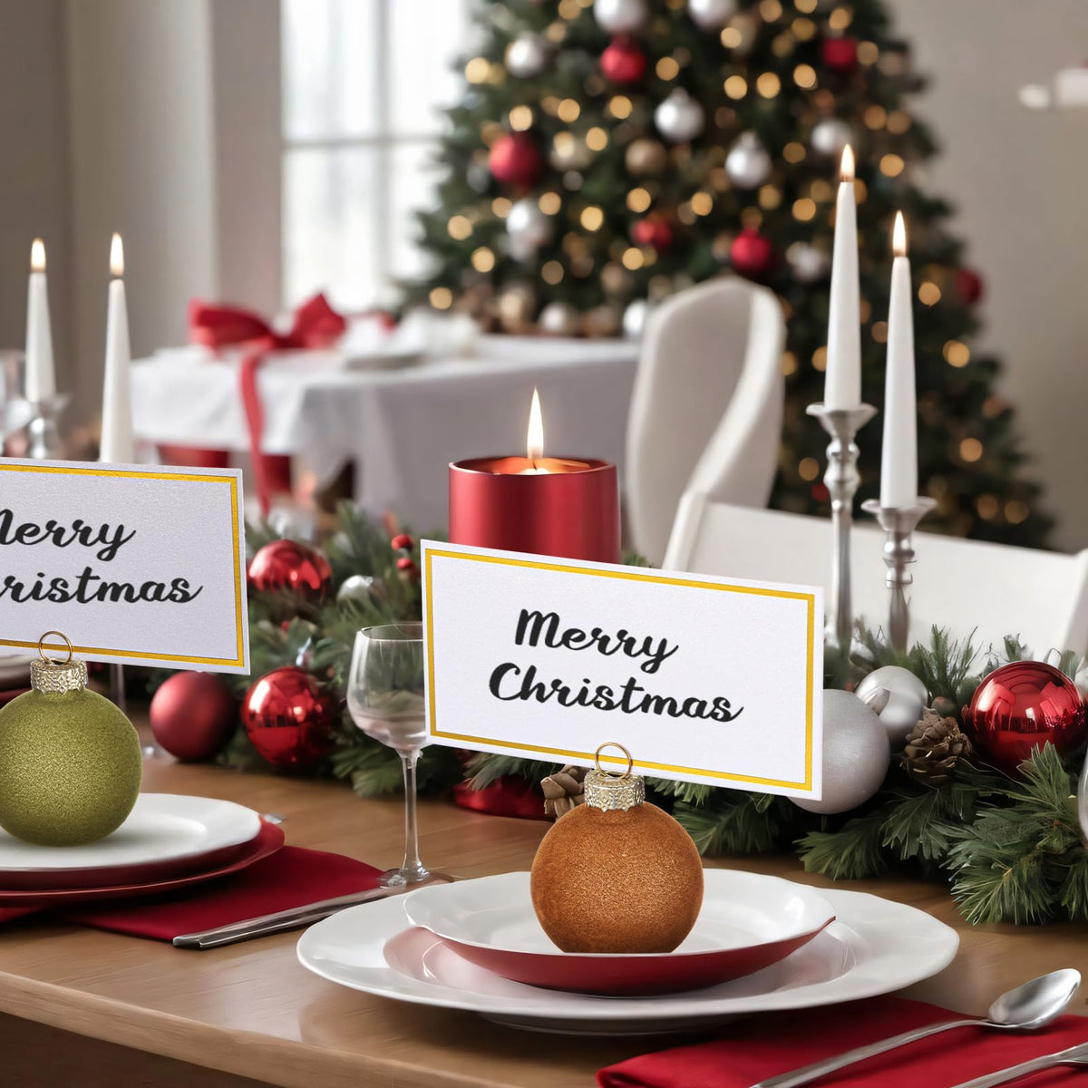 Nitial 12 Pcs Velvet Christmas Ornament Place Card Holders and Name Cards Set for Table Setting 1.57'' Glass Green Cream Tan Brown Table Number Sign Photo Picture Holder for Xmas Holiday Party Decor