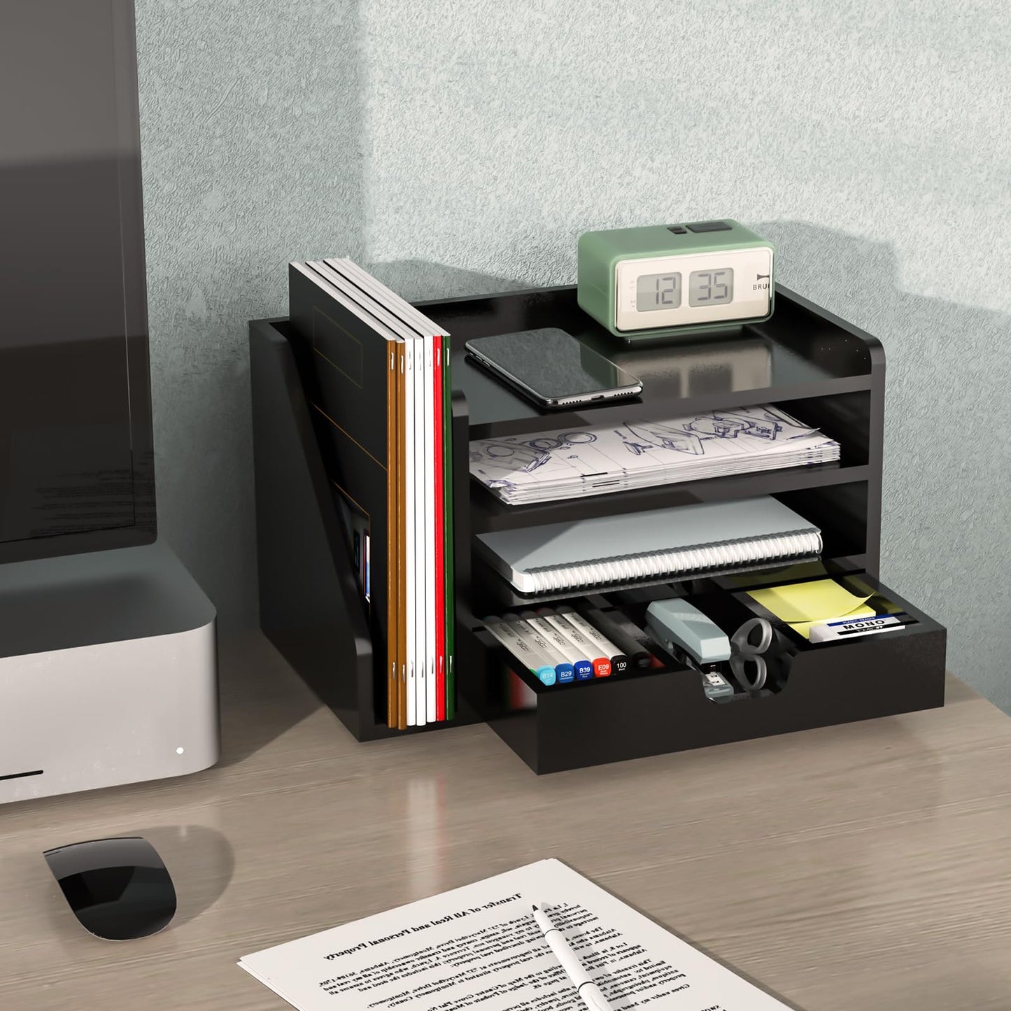 NiOffice Multi-Tier Wood Desk File Organizer, 3 Tray Shelves & Adjustable Drawer - Space-Efficient Design for Efficient Office Setup, Reduces Desk Clutter (Black)