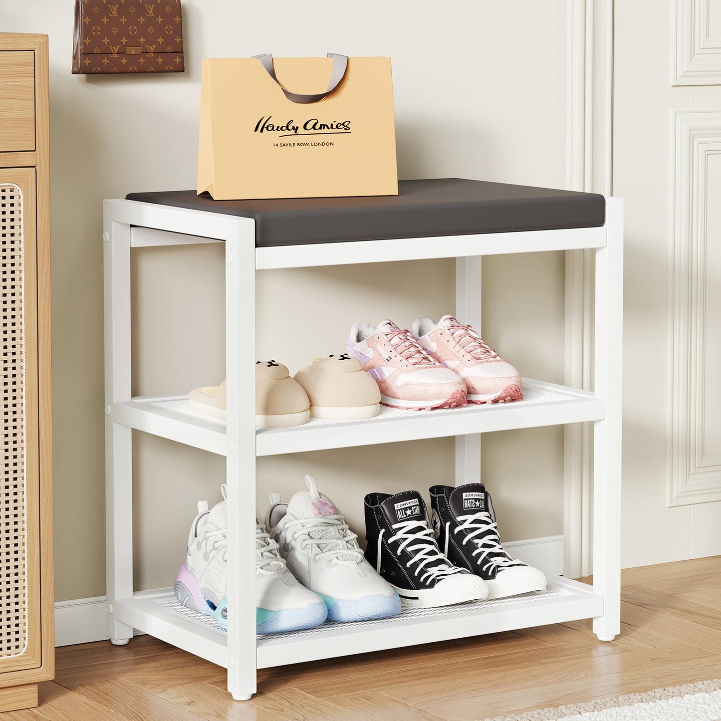 Small Shoe Bench Shoe Rack Storage Bench Entryway Bench Shoe Shelf with Seat Cushion, Stable Shoe Organizer for Entryway, Living Room, Bench Seat Holds Up to 300 lb, (18"L x 12"W x 17"H, White)