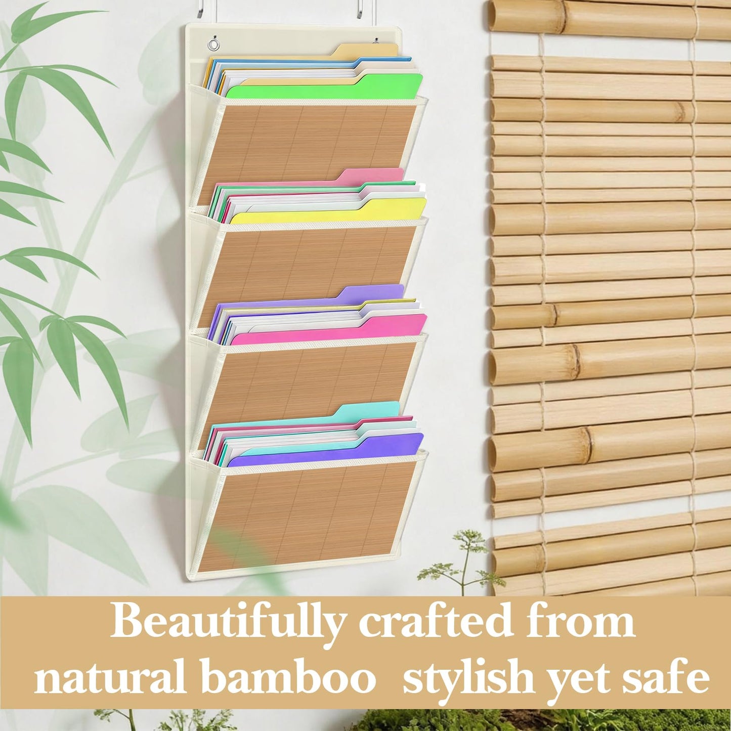 homyfort hanging wall file organizer, Over the door file folder organizer with 4 Large Bamboo Pockets, Suitable for Home, Office, Back to School Supplies Storage and Organization (Beige)