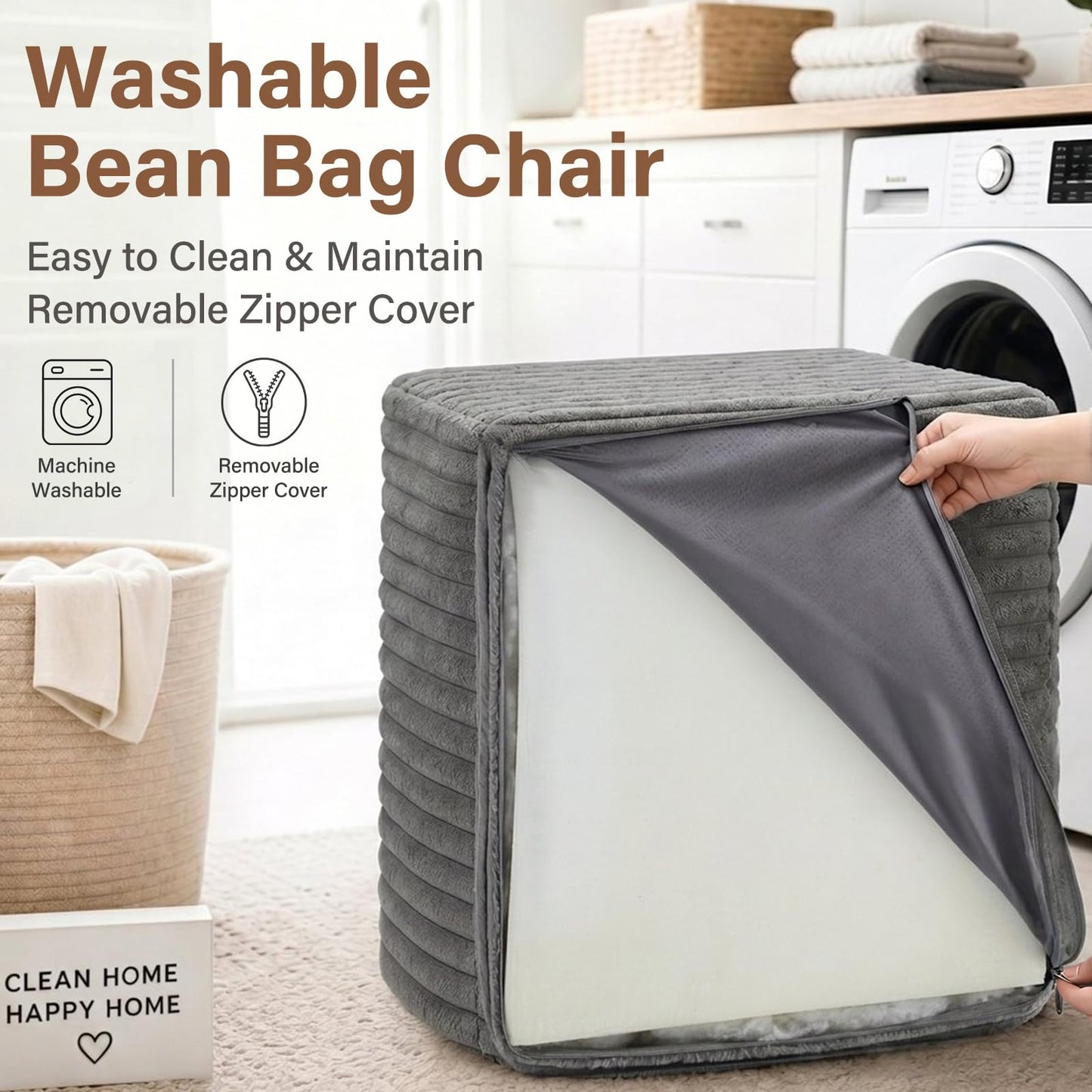 Tiita Bean Bag Chair for Adults, Foam Lounge Chair with Back Support and Armrests, Soft Corduroy Cover, Removable Washable Sofa Chair for Reading, Gaming, Living Room & Bedroom, Dark Grey