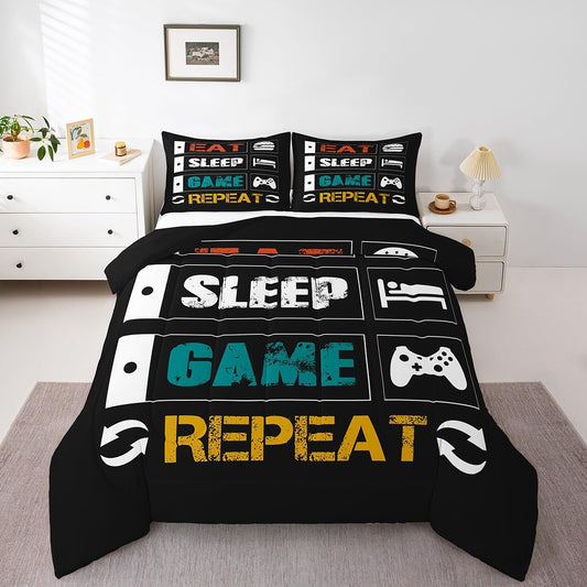 Boys Gaming Comforter Sets for Kids Queen Size Gamer Bedding Set Teens Video Games Comforter Duvet Room Decor Funny Creative Eat Sleep Game Repeat Design Reversible Inner Fill Quilt Set All Season