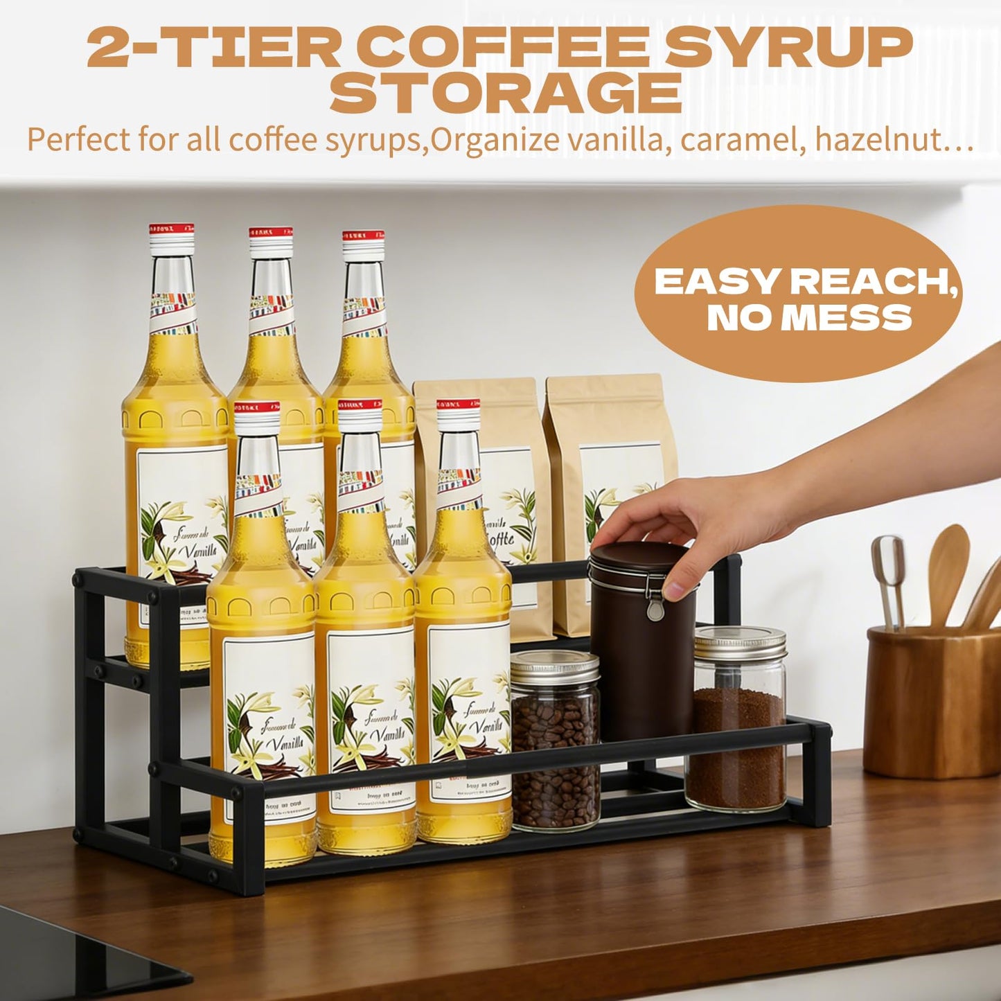 MegoSage Expandable Coffee Syrup Organizer – Adjustable 12.6"–22.8" Metal Liquor Bottle Display Shelf, Heavy Duty Coffee Bar Storage, Tabletop Wine Racks for Cafe, Home Bar, Kitchen (Black)