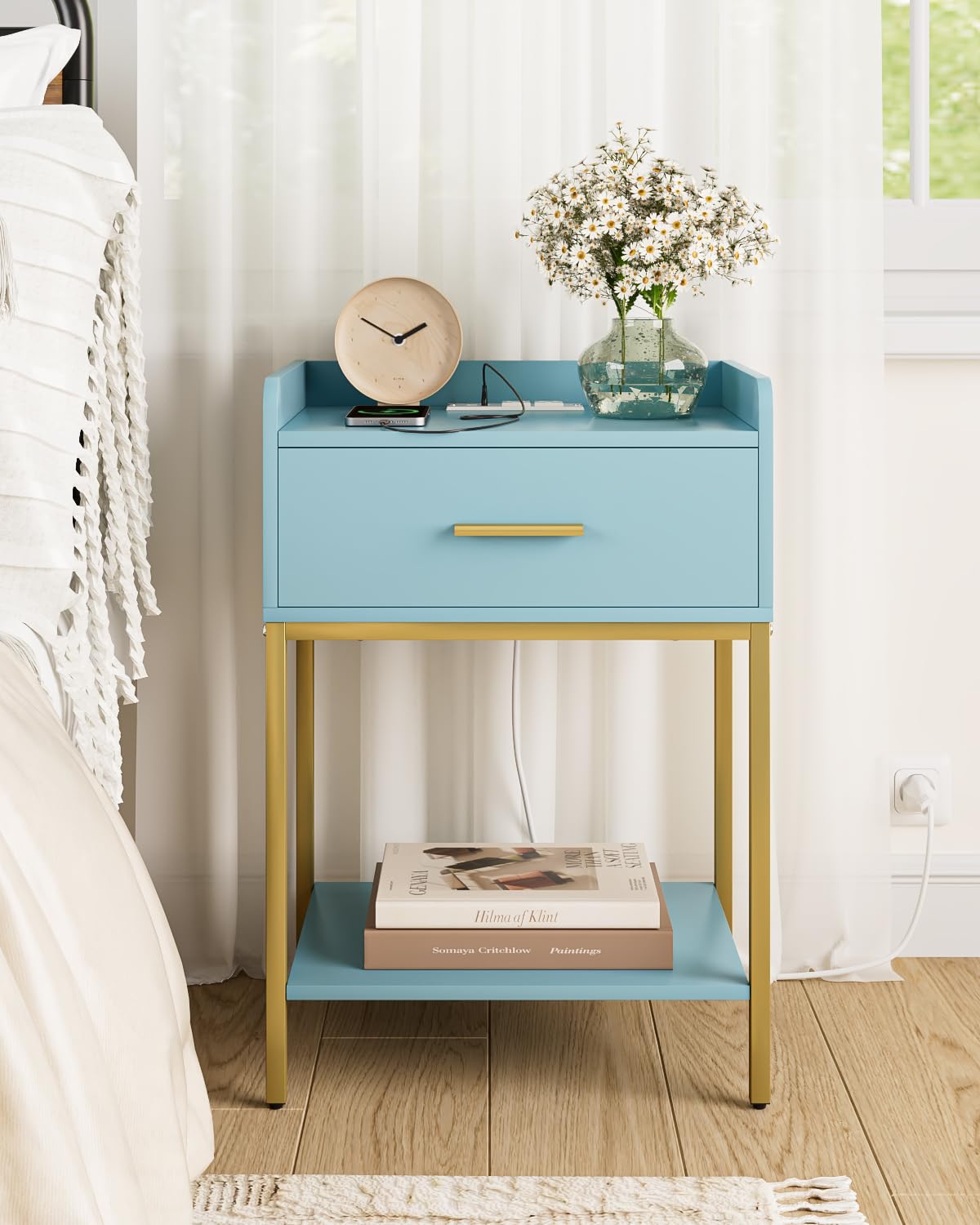 Apetaccat Nightstand with Charging Station,3-Tier Modern Bedside Table Night Stand with Storage Drawer and Open Shelf,Small End Side Table for Bedroom,Living Room,Blue