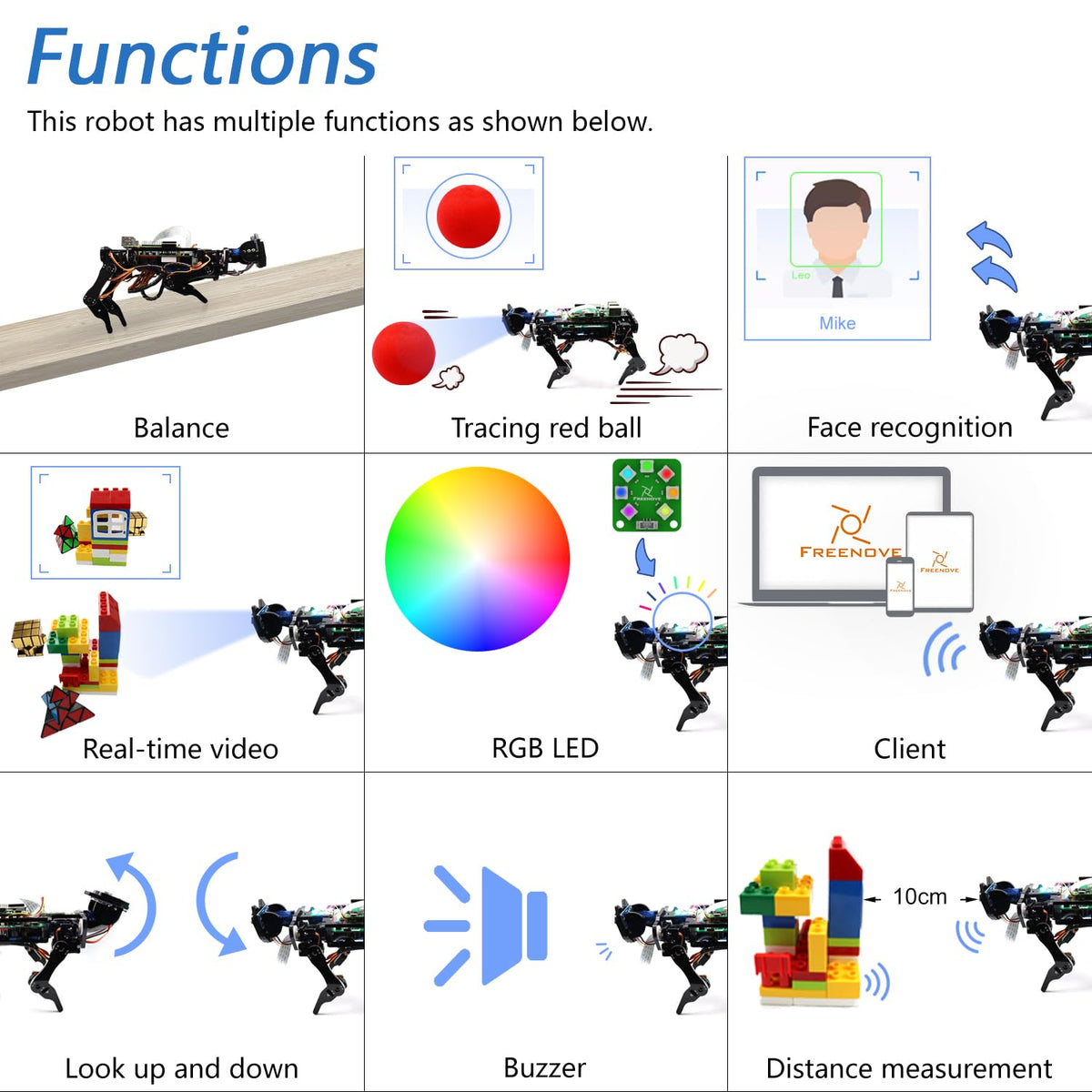 FREENOVE Robot Dog Kit for Raspberry Pi 5 4 B 3 B+ Zero 2 W, Walking, Self Balancing, Face Recognition, Ball Tracing, Ultrasonic Ranging, App Control, Camera, Servo (Raspberry Pi NOT Included)