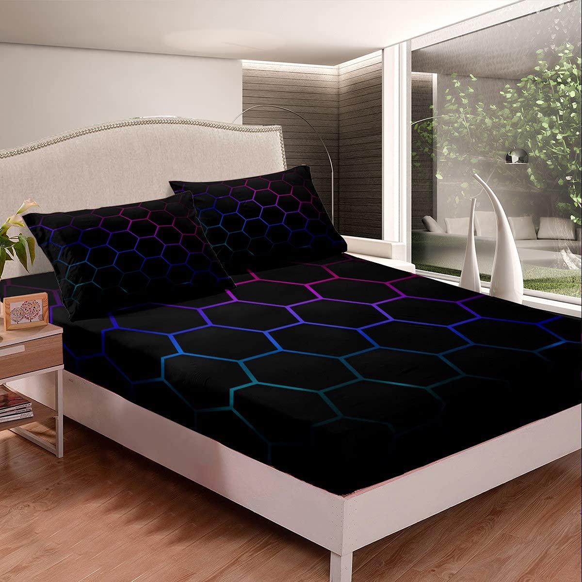 Hexagonal Bedding Sheets 3D Geometric Honeycomb Bed Sheet Set Kids Boys Girls Luxury Beehive Hexagon Bedding Fitted Sheet Neon Blue Purple Black Decor Bed Cover with 2 Pillowcases 3Pcs Bedding Queen