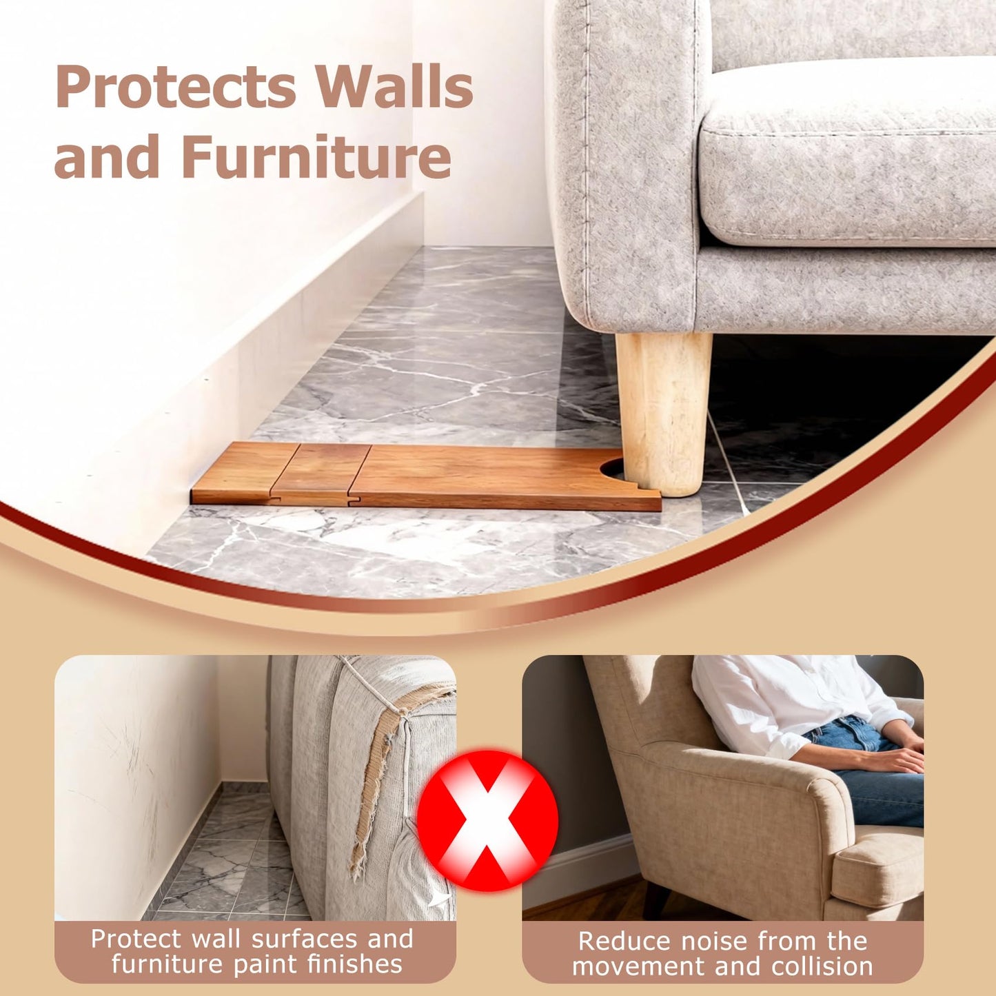 Couch Wall Spacer ，Brown Bamboo Wall Protector from Furniture，Adjustable Wood Guards for Outlets and Curtains, Anti-Scratch Couch Stoppers for Sofa, Bed, 2 Sets 6 Pieces