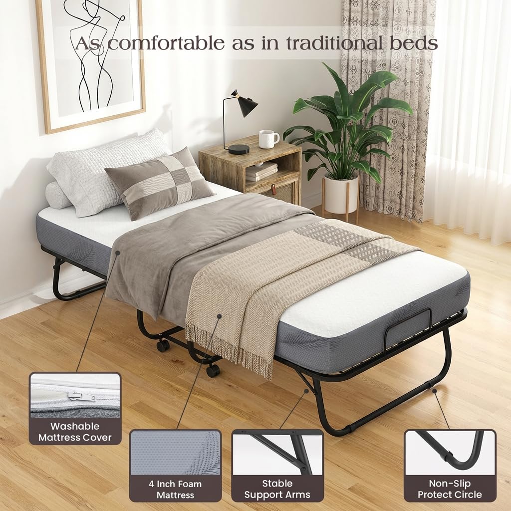 Karcog Rollaway Bed with Mattress for Adults, Folding Bed with Memory Foam Mattress and Sturdy Metal Frame, Cot Size Portable Guest Bed on Wheels with Storage Cover, 75” x 31”