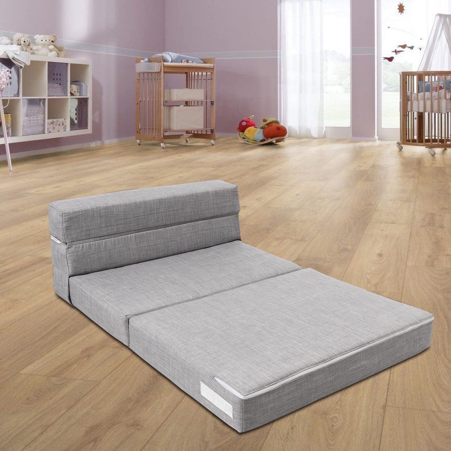 ANONER Folding Sleeper Chair Sofa Bed Lazy Couch with Pillow, Twin Size, Light Gray, Convertible Sleeper Chair and Foam Fold Out Chair Bed