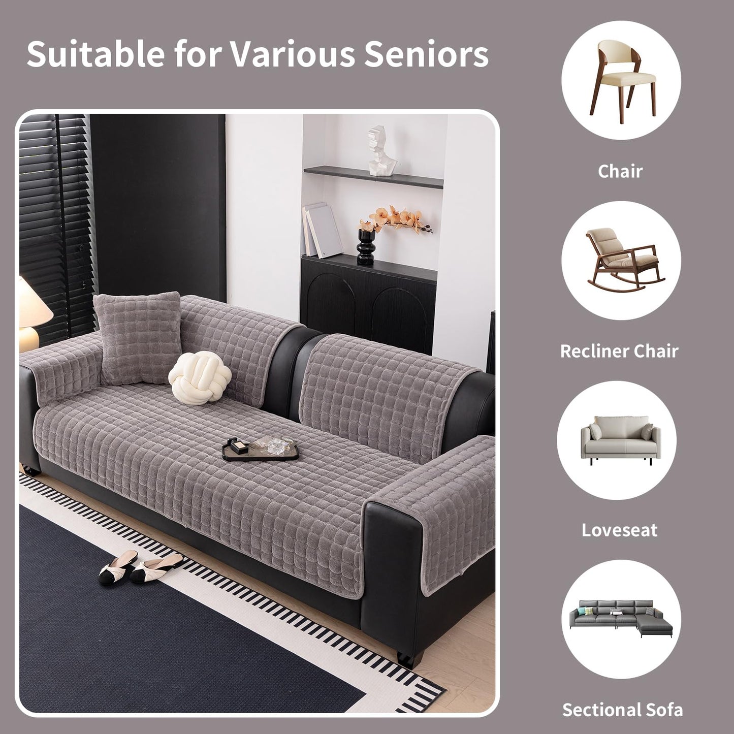MDSASFD Velvet Couch Cover, Washable Sectional Sofa Cover, Anti Slip Sofa Slipcover for 3 Cushion Couch Sofa L Shaped Armrest Backrest, Furniture Protector Covers for Pets Kids(Dark Grey, Only 1 PCS)