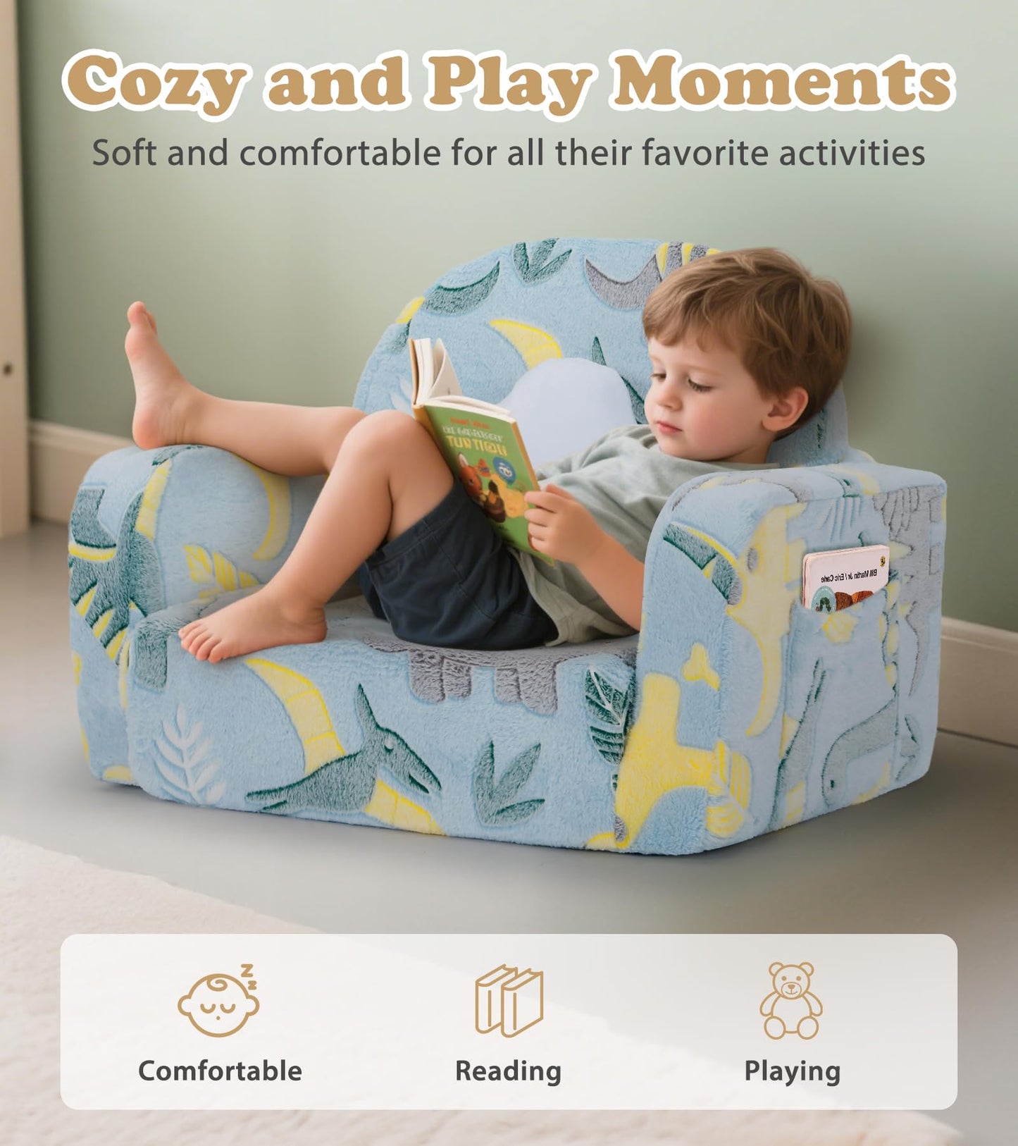 Kids Couch, 2-in-1 Soft Toddler Couch Fold Out with Blanket and Cloud Pillow, Glow in The Dark, Toddler Chair Comfy, Convertible Sofa, Gifts for Kids Girl Boys, Medium Dinosaur