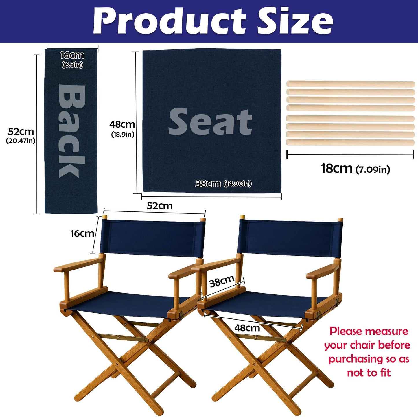 STAY GENT 18''L X 15''W 2 Set Directors Chair Replacement Canvas for 18'' Director Chairs, Replacement Cover Canvas Seat and 19.7''L X 6.3''W Back Covers Kit for Director Chairs Movie Chair, Navy Blue
