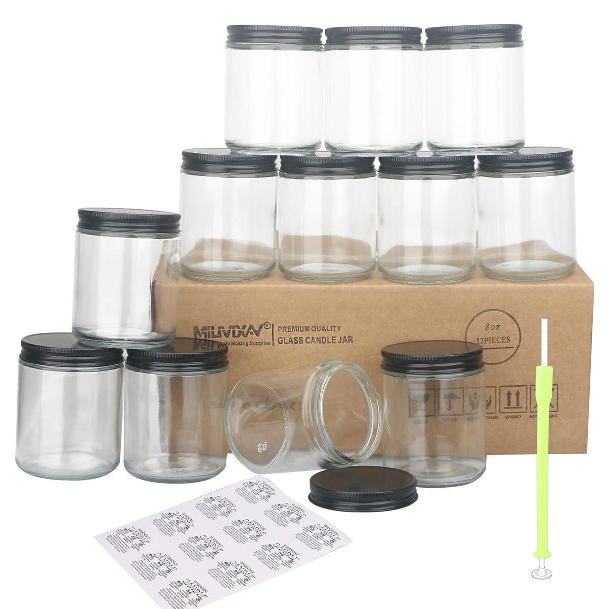 MILIVIXAY 12 Pack 8 OZ Thick Glass Clear Candle Jars with All Black Metal Lids-Bulk Empty Candle Jars for Making Candles-Canning Jar for Spice, Liquid, Sample- Dishwasher Safe.