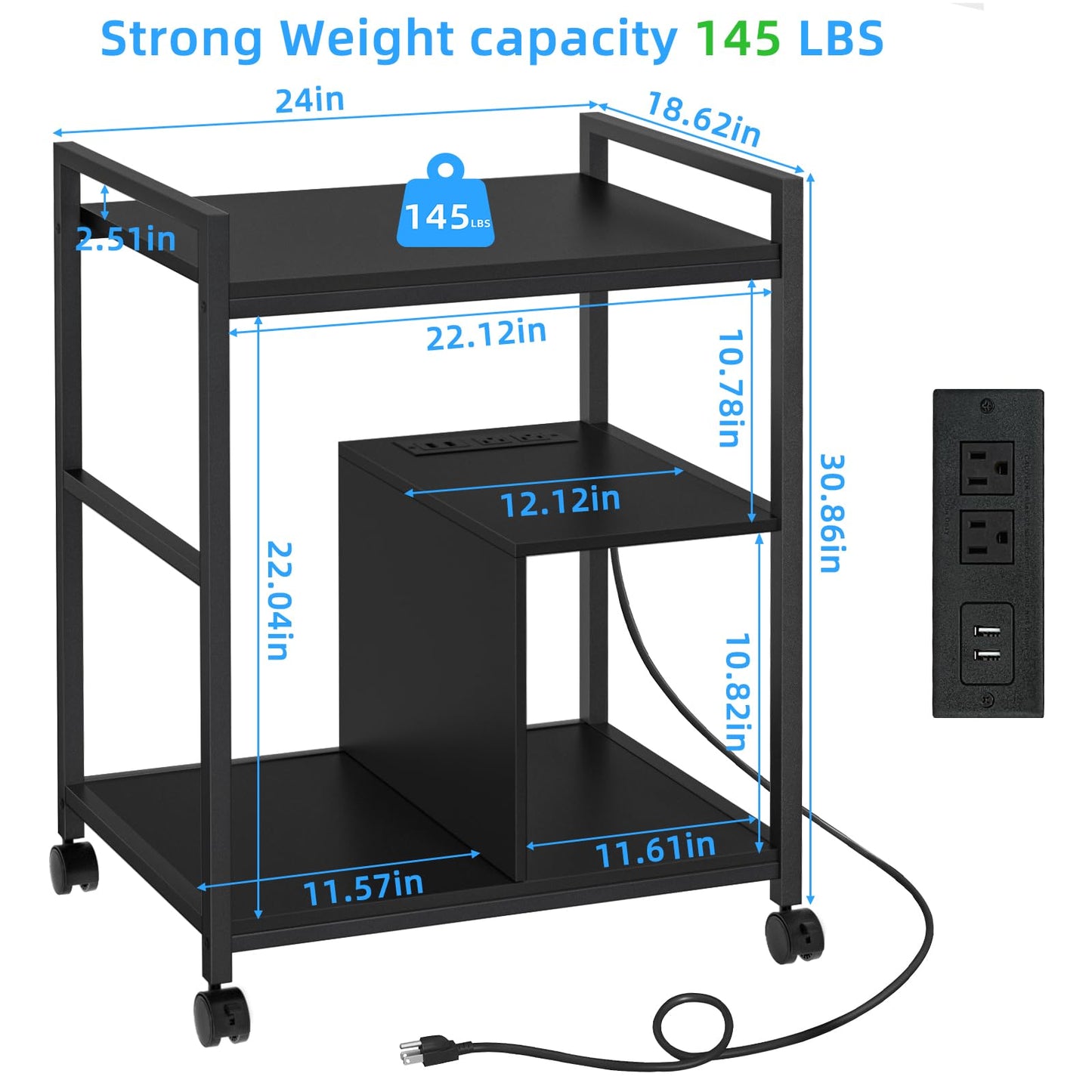 Lerliuo Printer Stand with Charging Station and USB Ports, Large 3-Tier Mobile Printer Table with Storage Shelf, Black Rolling Industrial Printer Cart with Lockable Wheels for Home Office