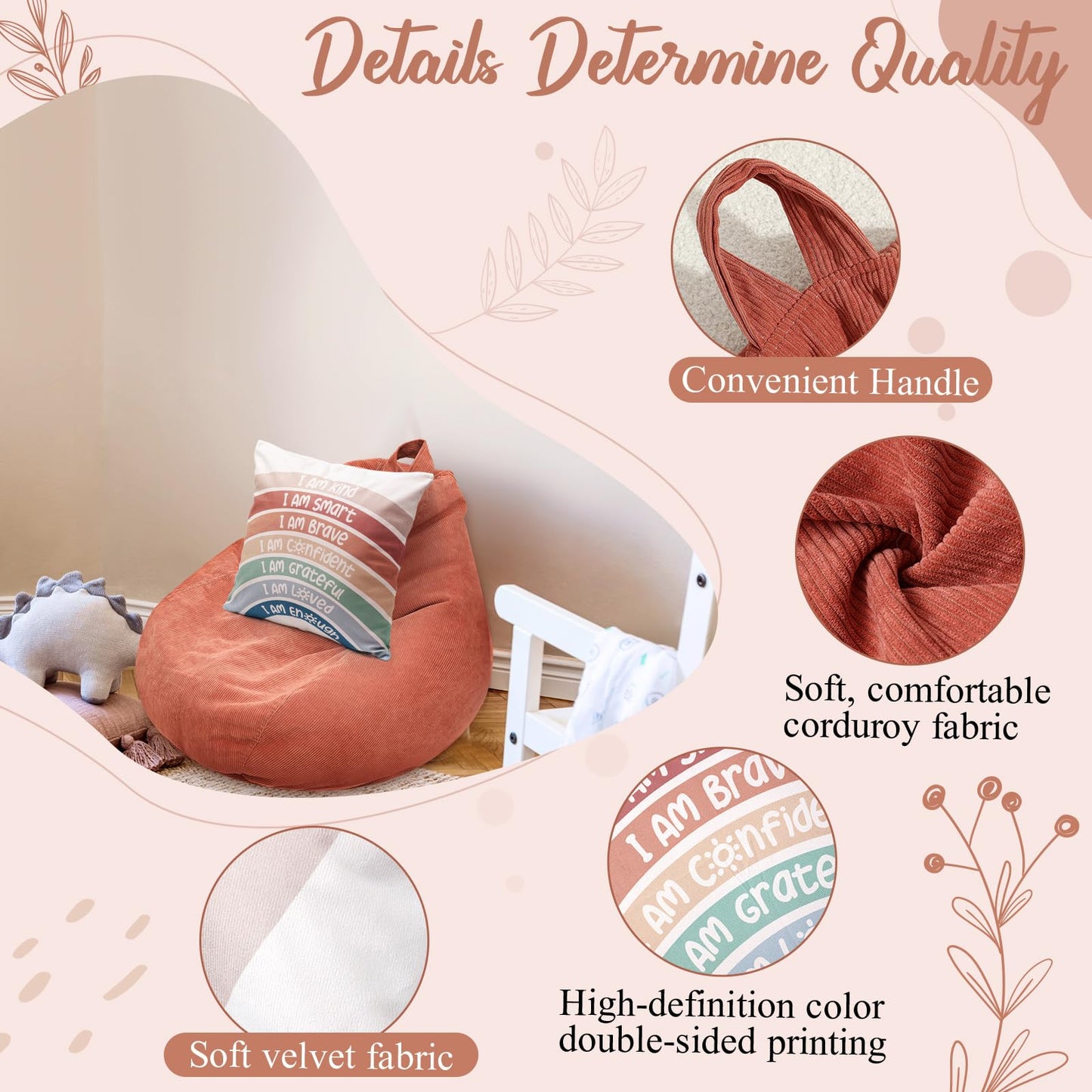 Cozy Corner for Kids Classroom, Plush Storage Bean Bag Cover (No Filler) and Rainbow Throw Pillow Covers, Reading Calming Corner Decor, Reading Nook, Nursery, Playroom Decor(Small,Rainbow,Dusty Pink)