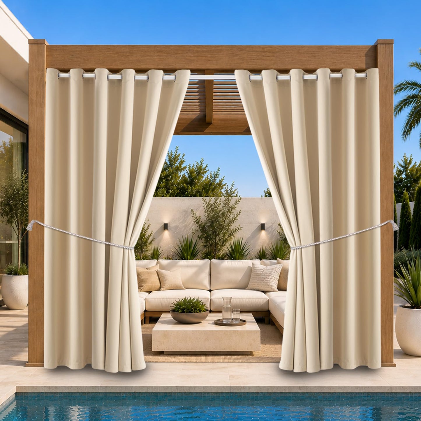 DIVA EN CAMINO DEC Outdoor Patio Curtain Waterproof Darkening Thermal Insulated Indoor Curtains for Bedroom, Porch, Living Room, Pergola, Cabana, W84 x L95, Beige, Set of 2 Panels