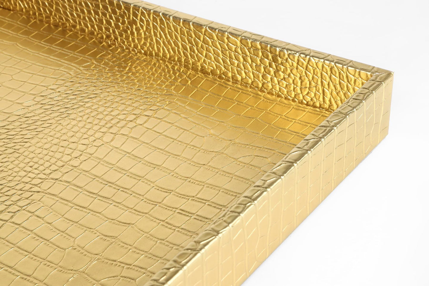 HofferRuffer Extra Large Square Serving Tray, Elegant Faux Leather Ottoman Tray with Gold Hardware Handles, Serve Tea, Coffee or Breakfast in Bed, 24 x 24 inches (Gold, 24" x 24" x 2")