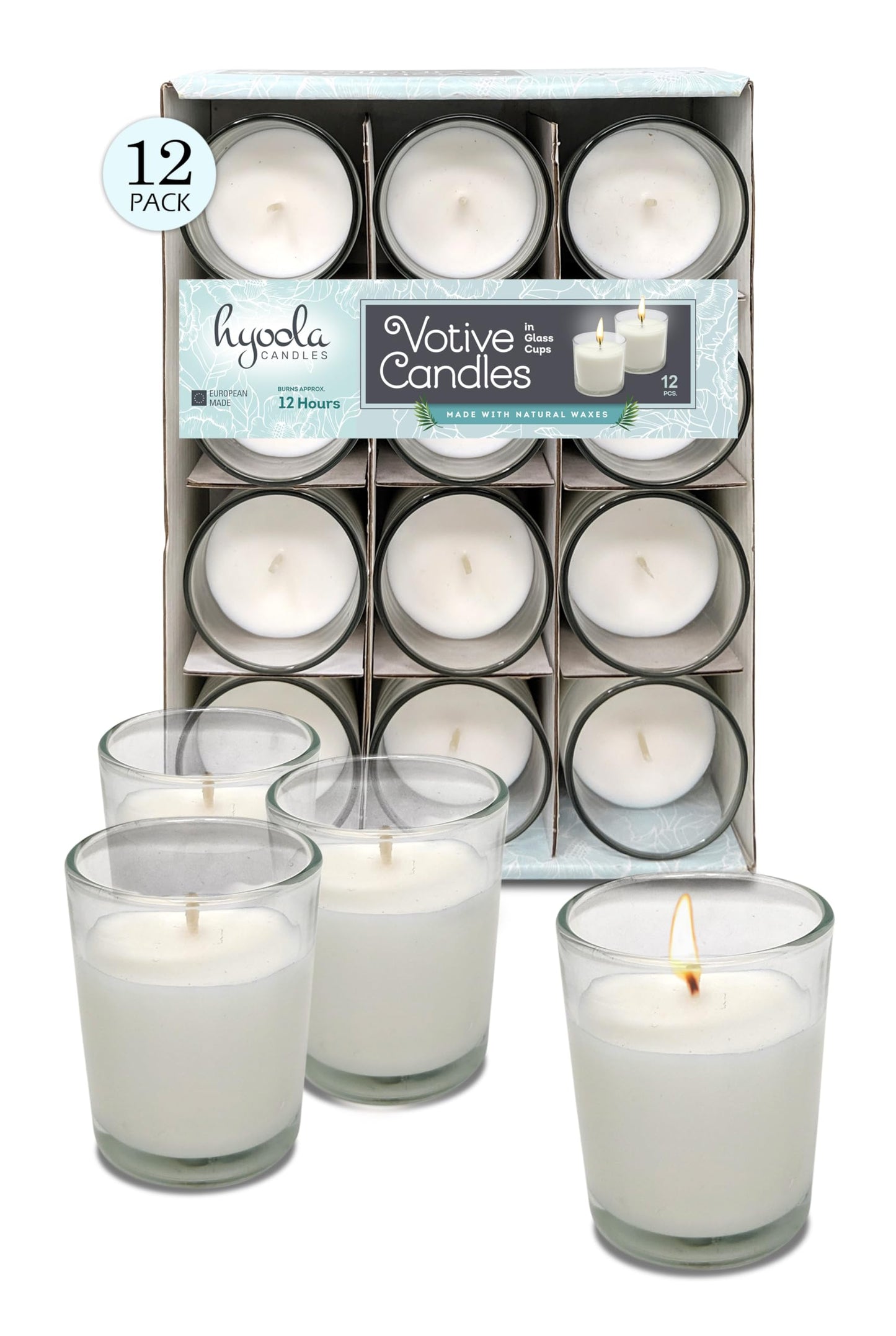 Hyoola White Votive Candles in Glass - Pack of 12 Votive Candle - 12 Hour Burn Time - Unscented Votive Candles - European Made Glass Votives