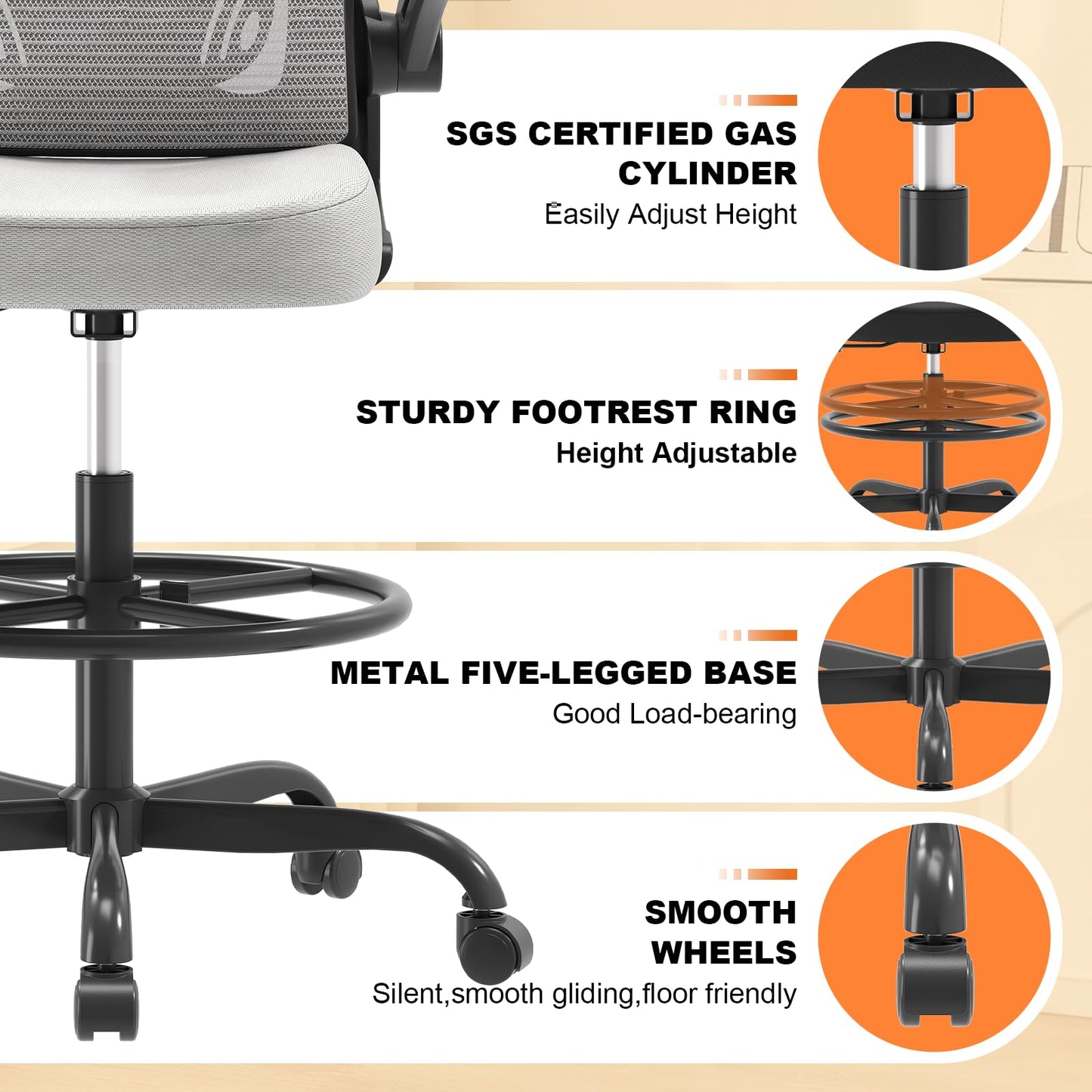 Ergonomic Drafting Chair, Tall Office Chair with Flip-up Armrests, Breathable Mesh High Desk Chair with Lumbar Support Adjustable Footrest Ring for Standing Desk Gray