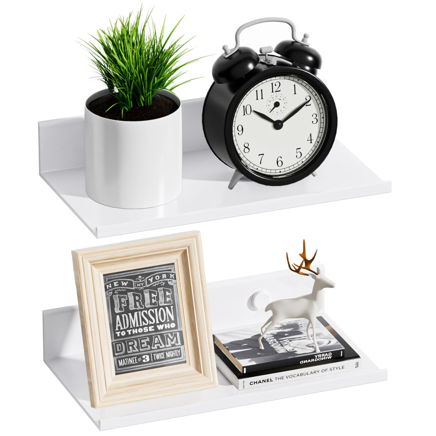 Wisfame Small Floating Shelves for Wall, Metal Adhesive Wall Shelf 2 Pack, Modern Display Shelf for Living Room, Bedroom, Bathroom Decor (White, 8 Inch)