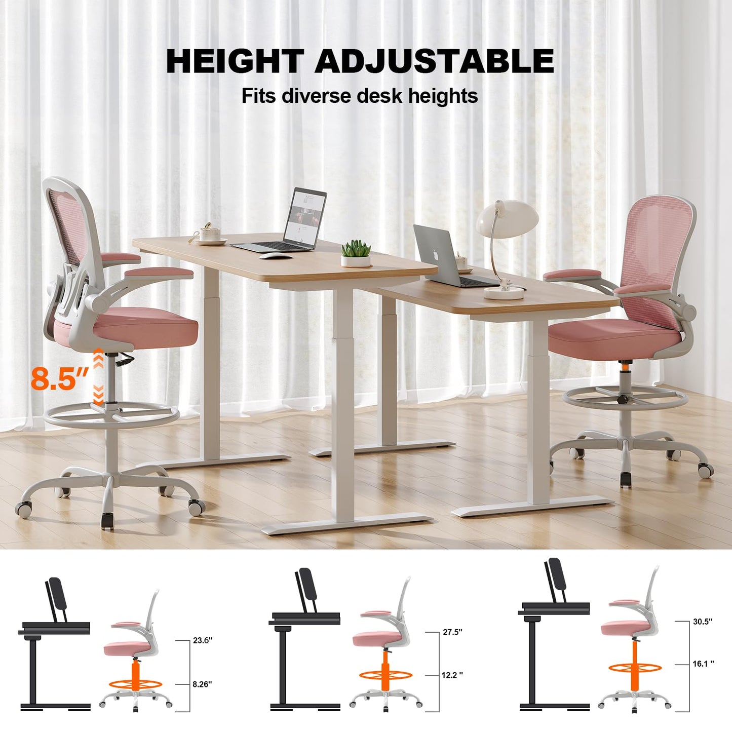 Synorla Ergonomic Drafting Chair, Tall Mesh Office Chair with Flip-up Armrests, Lumbar Support & Adjustable Footrest Ring for Standing Desk Gray Pink