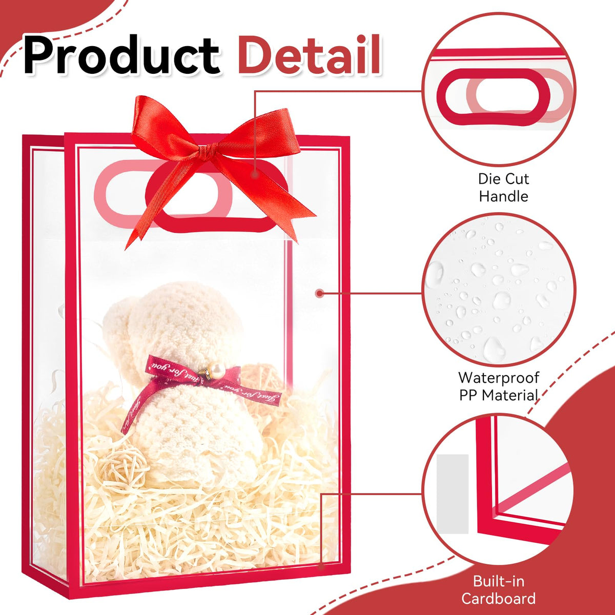 Ohuimrt Clear Plastic Gift Bags with Handles, 12 Pack, Red