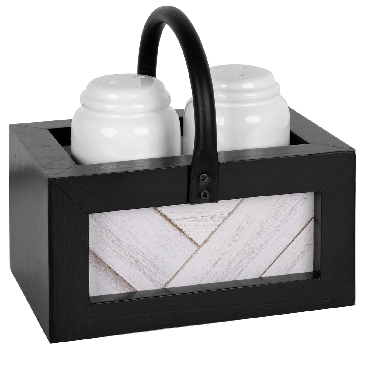 Autumn Alley Farmhouse Salt and Pepper Shakers Set for Kitchen Counter – Striking Black and White Salt and Pepper Shakers Set with Holder – Unique Shiplap Design for Farmhouse Kitchen Decor