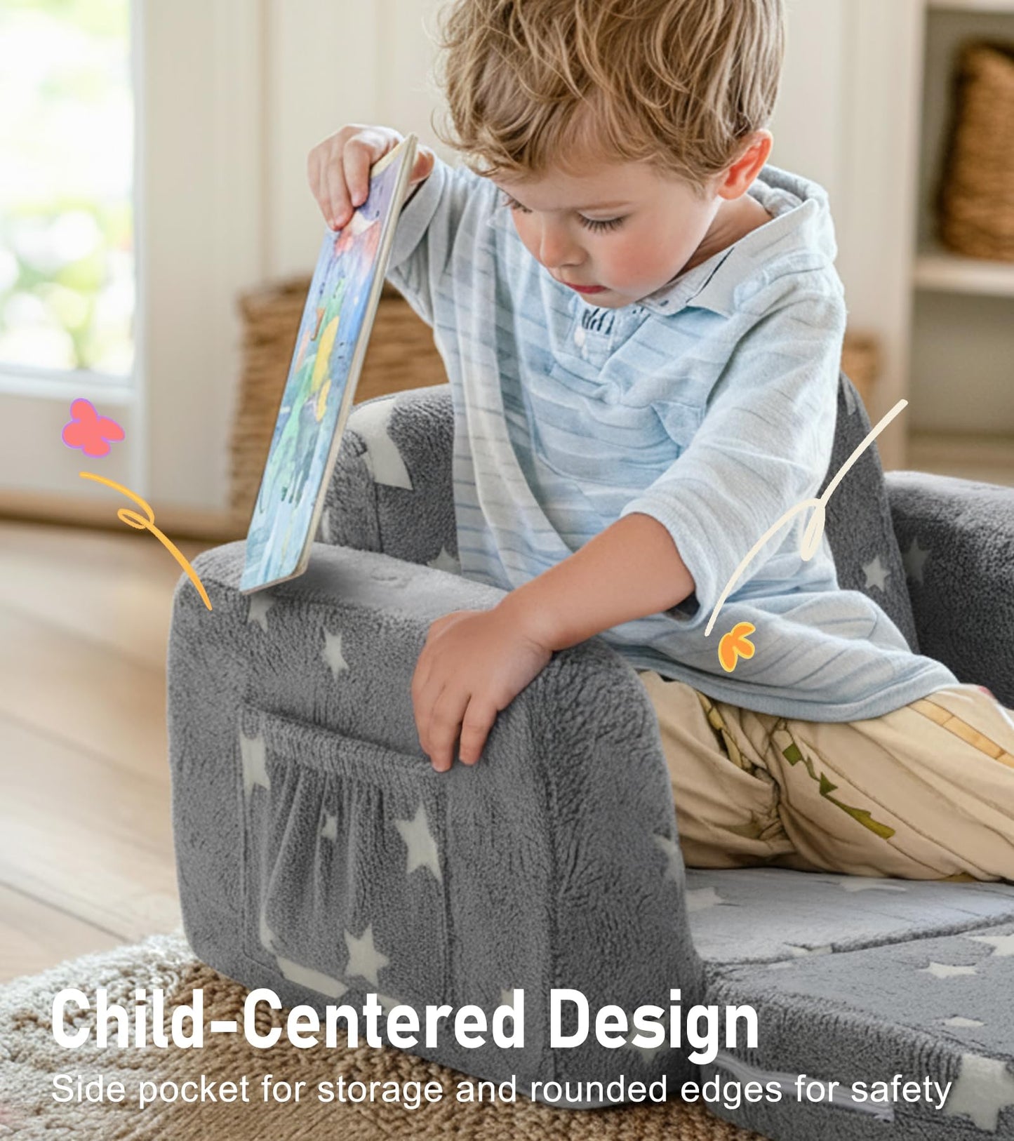 little dove 3-in-1 Extra Wide Convertible Kids Couch, Flip Open Kid Sofa, Machine-Washable Kid Couch for Girls, Kids Sofa for Fun Playtime, Grey, Flannel