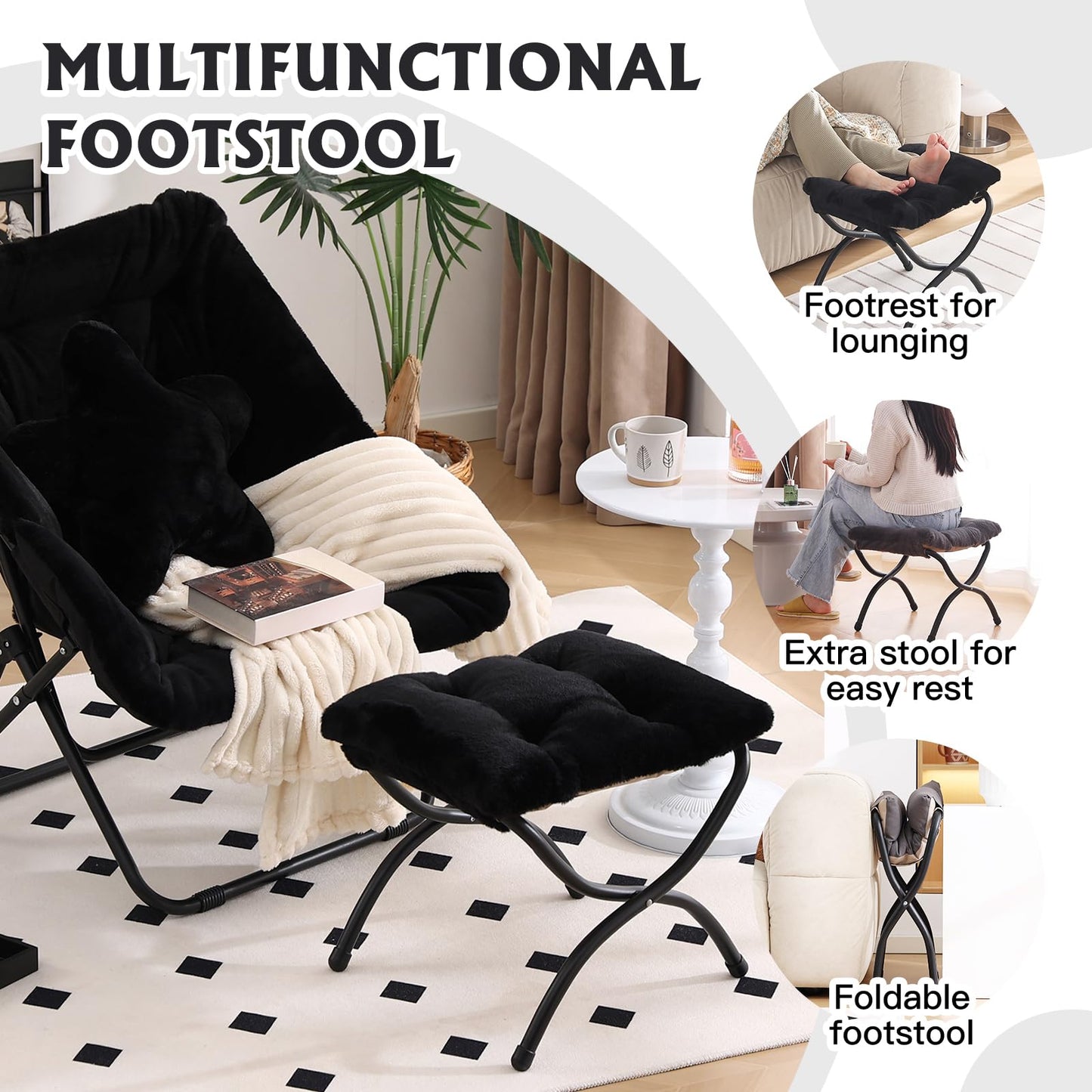 Welnow Folding Foot Stool, Upholstered Small Accent Ottoman with Detachable Thick Cotton Cushion Padded Sofa Stool and Metal Frame for Lazy Chair, Living Room, Bedroom, Plush Black