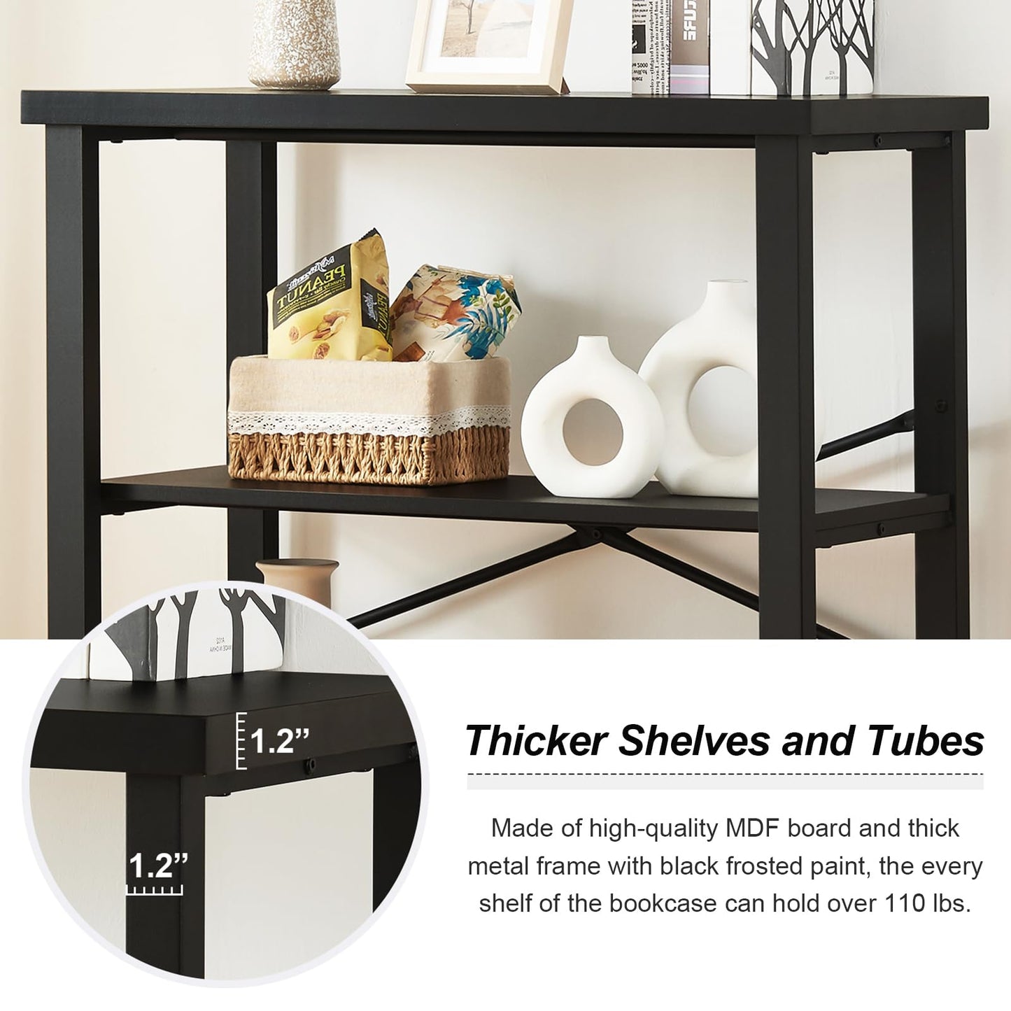 HOMBAZAAR 3 Tier Bookshelf,Black Industrial Book Shelf,Engineered Wood and Metal Small Bookcases,Low Shelf Bookcase for Living Room,Office,Bedroom and Kitchen
