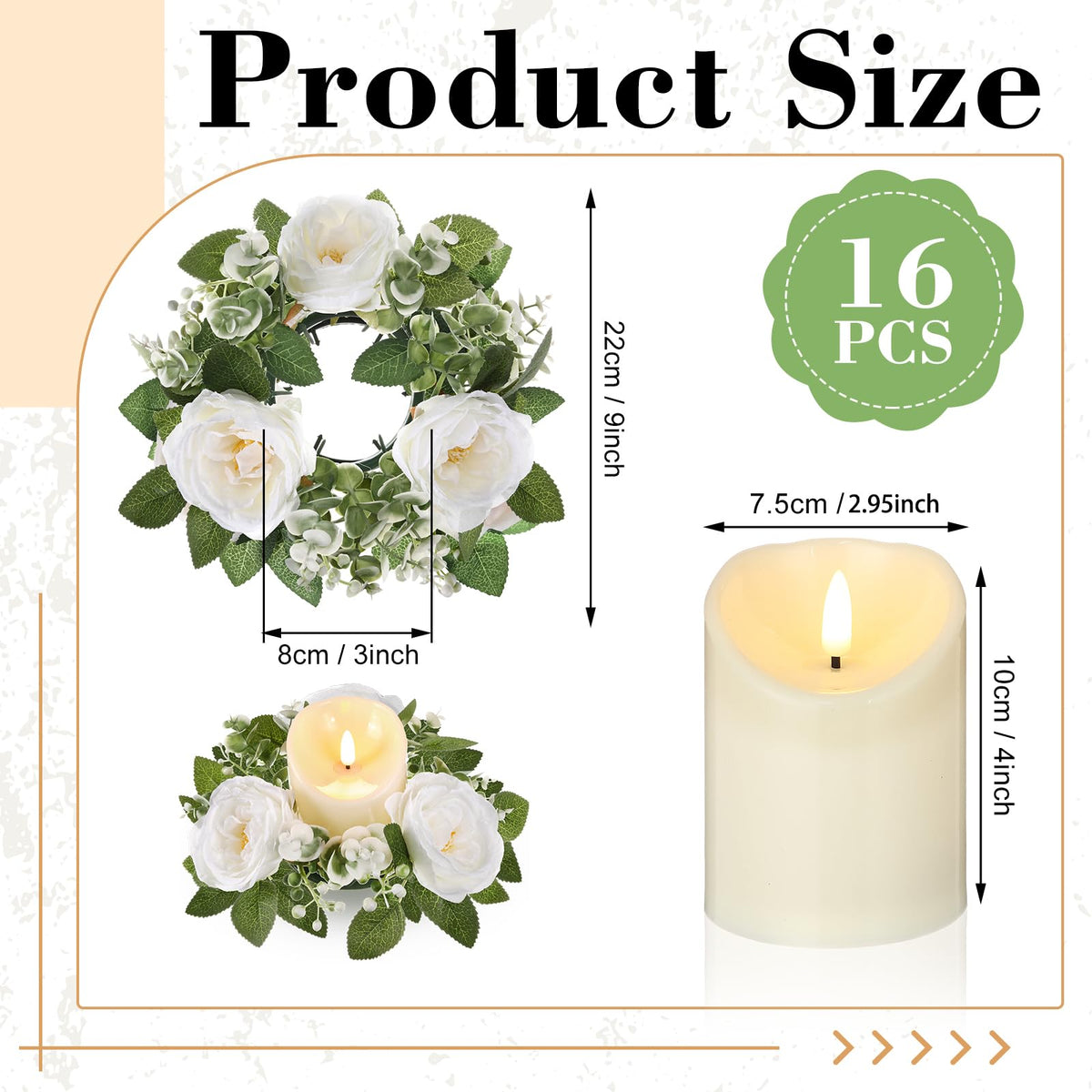 Yunlly 16 Set Rose Candle Rings Wreaths 3 Inch Center with Flameless LED Candles Artificial Rose Light Garland Fake Electric Votive Tealights Bulk Funeral Wedding Table Centerpieces Decor(White)