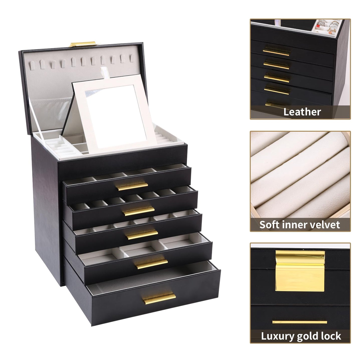BOOVO Jewelry Boxes for Women, White and Black 6 Layer Large Jewelry Box for Necklace, Bracelet, Earrings, Rings Storage, Jewelry holder Organizer for Girls Gift (Black and Gold, 6 layer)