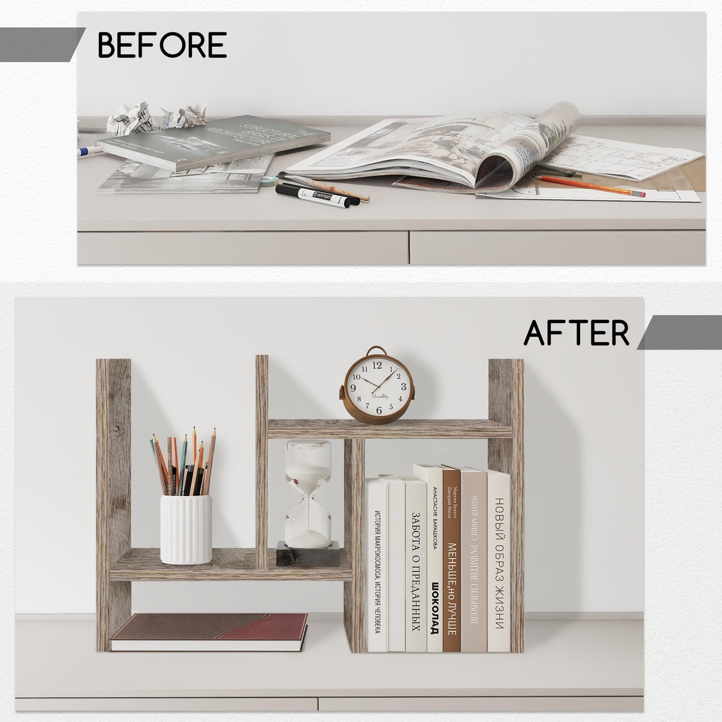 Jerry & Maggie Desktop Organizer Office Storage Rack Adjustable Wood Display Shelf Free Style Double H, Multi-Functional Mini Bookshelf for Desk Natural Stand (Gray Oak)