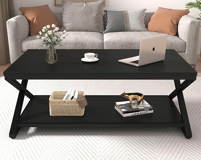 HSH Black Coffee Table Modern, 47 Inch Simple Rectangle Cocktail Table