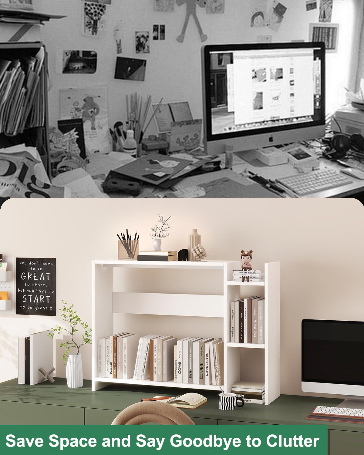 IBUYKE Desktop Bookshelf,36.8" Desktop Organizer Shelf,Wood Desk Hutch for Computer Monitor,Display Shelf for Office Home Dormitory,White TMZ008W
