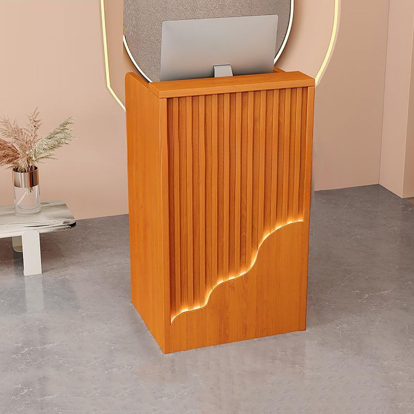 Reception Desk Counter Table - L-Shaped Cashier Front Desk, Wooden Design with Open Shelves & Drawers, Modern Retail Counter for Supermarkets, Convenience Stores & Hotels