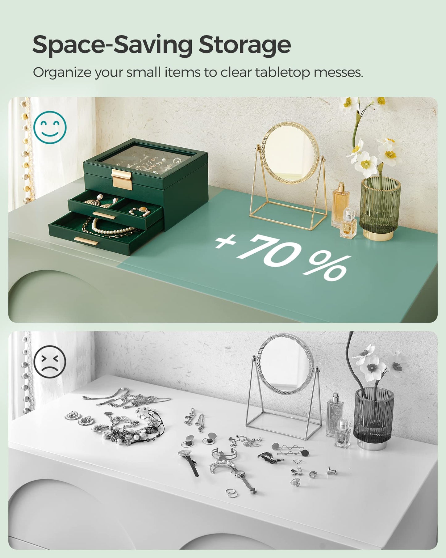 SONGMICS GISELLA Collection - Jewelry Box Organizer, 3-Layer Jewelry Storage with 2 Drawers, Shiny Metal Hardware, Glass Lid, Modern, 8 x 9.1 x 5.3 Inches, Forest Green and Gold Color UJBC239C01