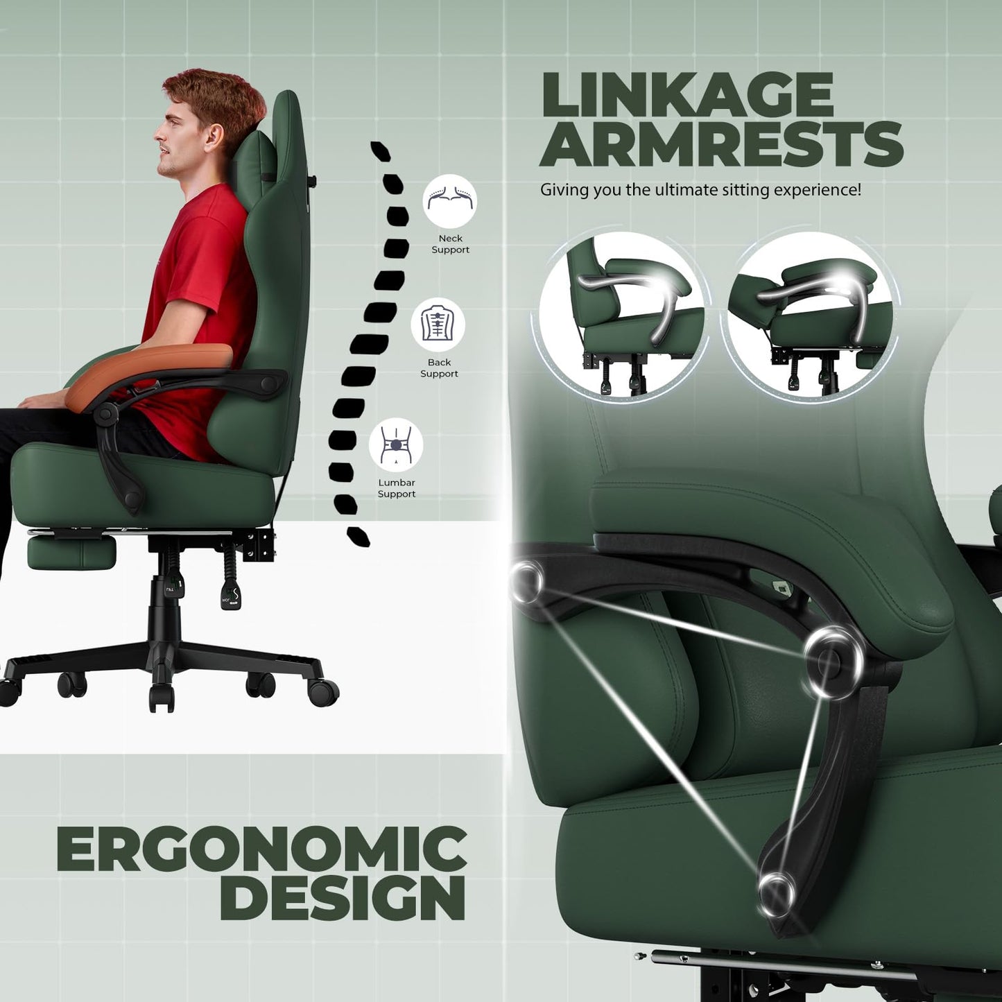 GTPLAYER Gaming Chair with Pocket Spring Cushion, Big and Tall Gamings Chairs 350LBS High Back Computer Chair with Footrest for Adults Lumbar Support Swivel Game Chair for Office, Leather Green