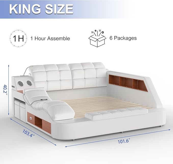 Luxury Smart King Bed Frame, Leather Headboard/Strong Wooden Slats
